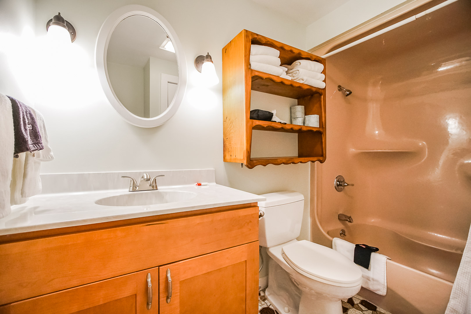 A clean bathroom at VRI's Neptune House Resort in Rhode Island.